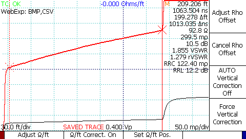 CT100 TDR resistive cable loss correction of 72 ohm RG59 coaxial cable 200 ft long before